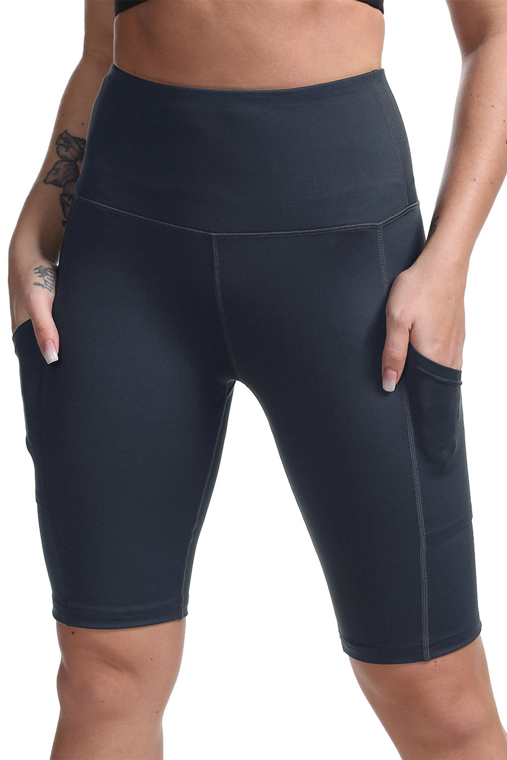 Gray High Waist Tummy Control Side Pockets Biker Yoga Shorts