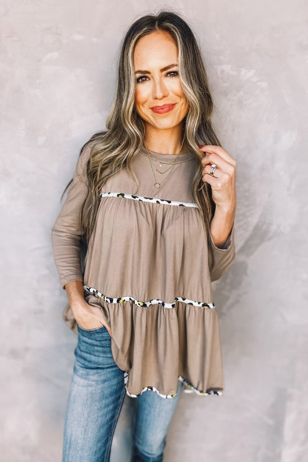 Khaki Leopard Splicing Ruffle Long Sleeve Top