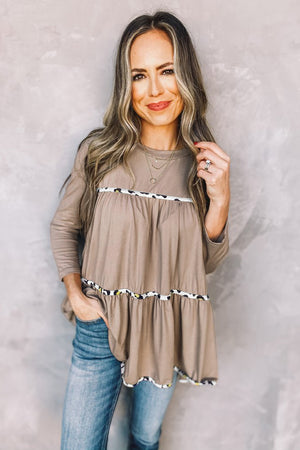 Khaki Leopard Splicing Ruffle Long Sleeve Top