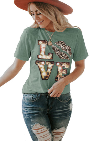 Green Crew Neck Cartoon Letter Print Valentine Tee