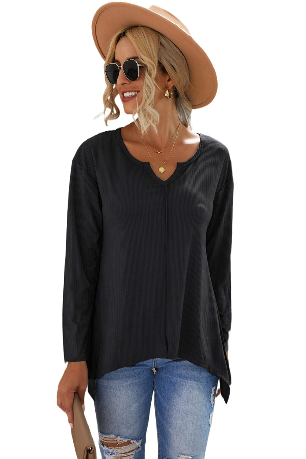 Gray Asymmetric Hemline Long Sleeve Top