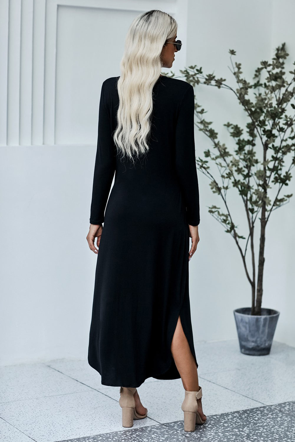 Black Pocketed Cotton Dress with Slit