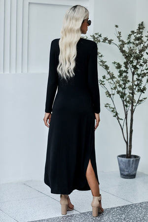 Black Pocketed Cotton Dress with Slit
