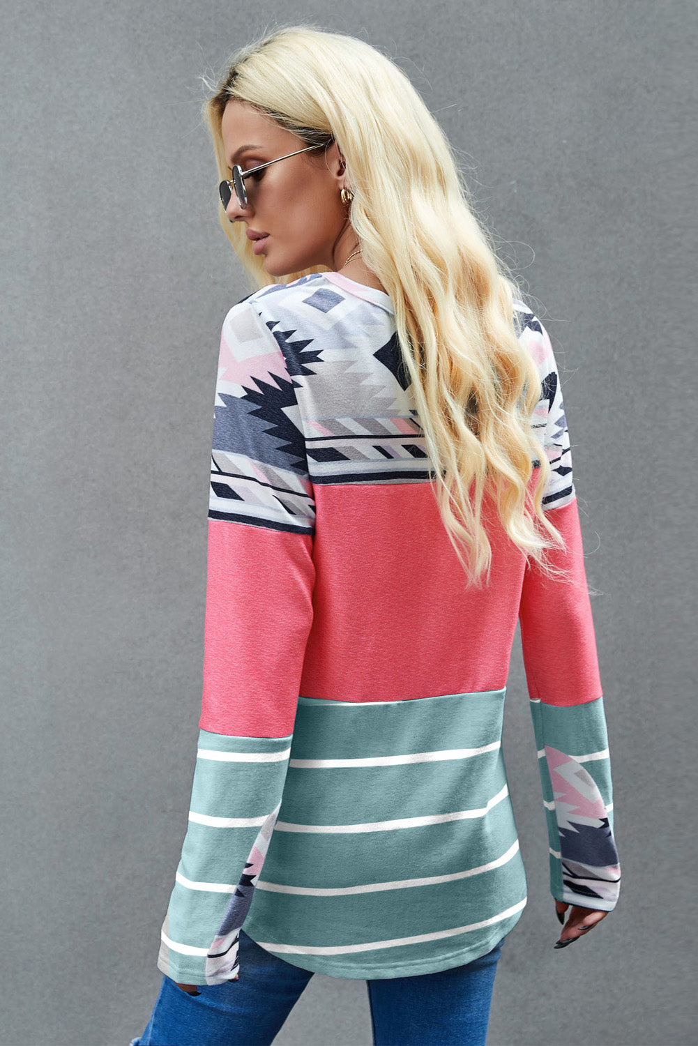 Pink Tribal Striped Long Sleeve T-shirt