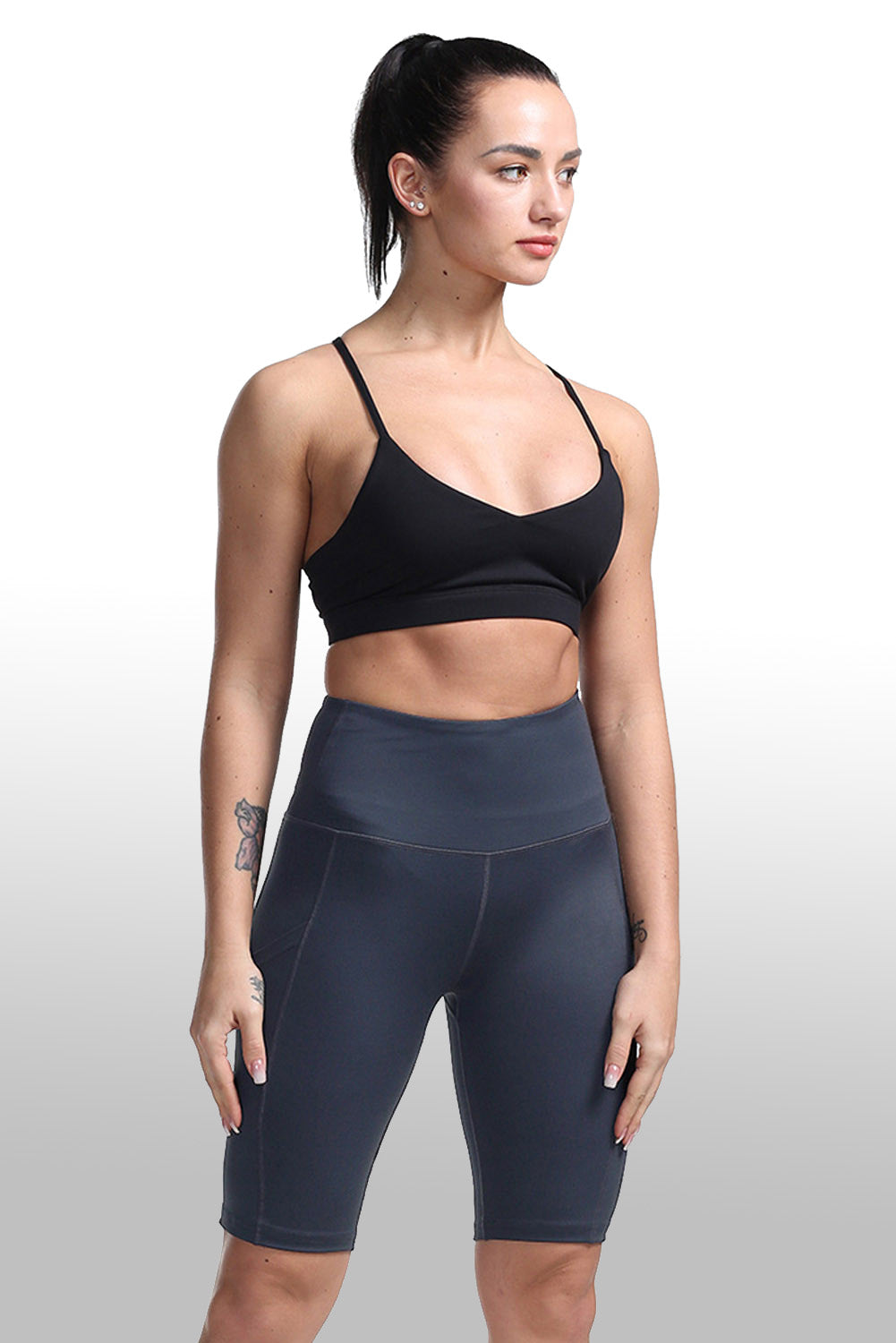 Gray High Waist Tummy Control Side Pockets Biker Yoga Shorts