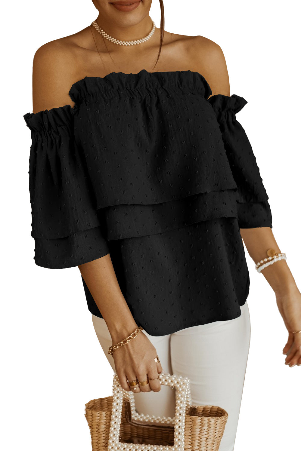 Black Swiss Dot Ruffled Off The Shoulder Blouse