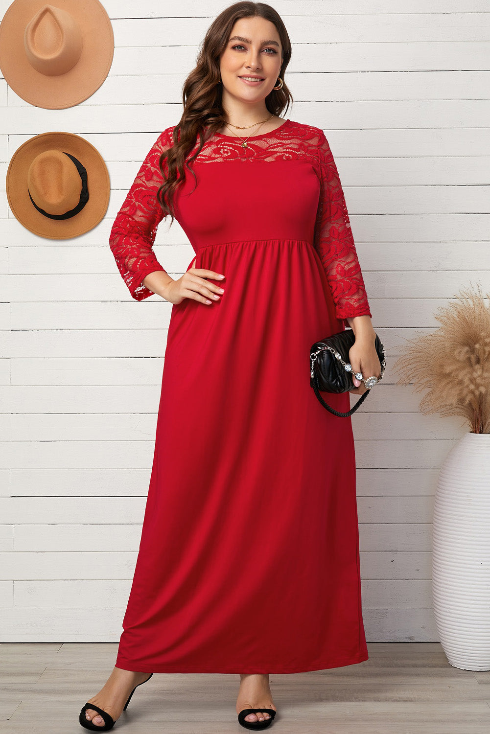 Red Plus Size 3/4 Lace Sleeve Yoke Maxi Dress
