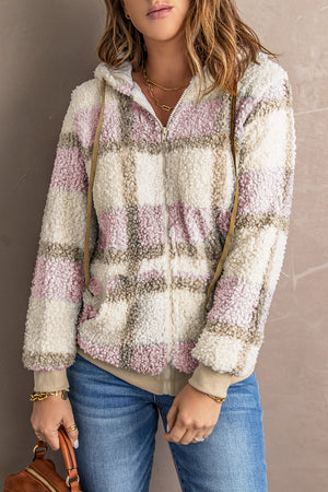 Plaid Print Zipper Fleece Hooded Coat