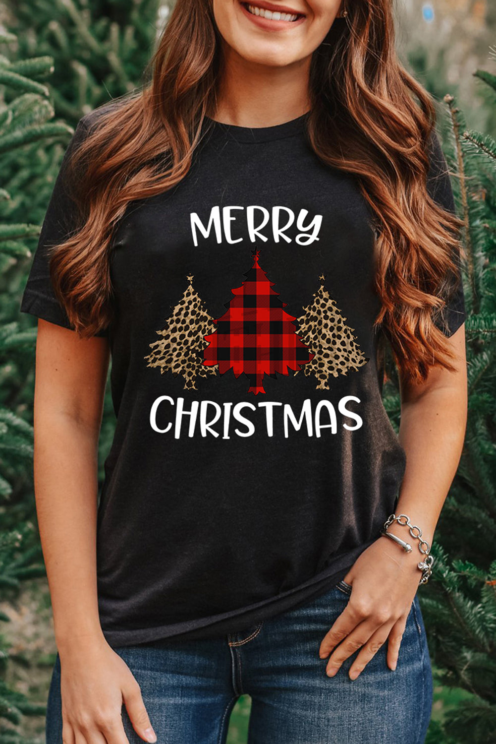 Black Christmas Leopard Plaid Letter Print T Shirt