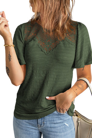 Green Crochet Splicing Flutter Sleeve Top