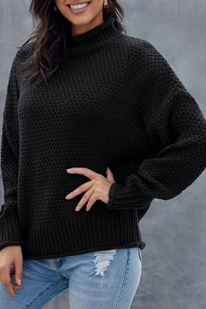 Black Oversized Chunky Batwing Long Sleeve Turtleneck Sweater