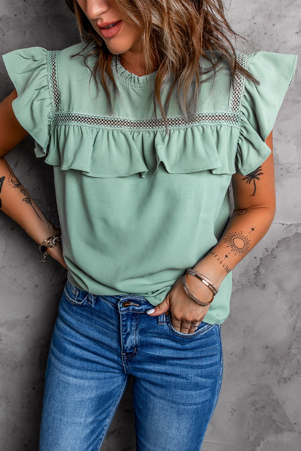 Green Flutter Ruffled Top