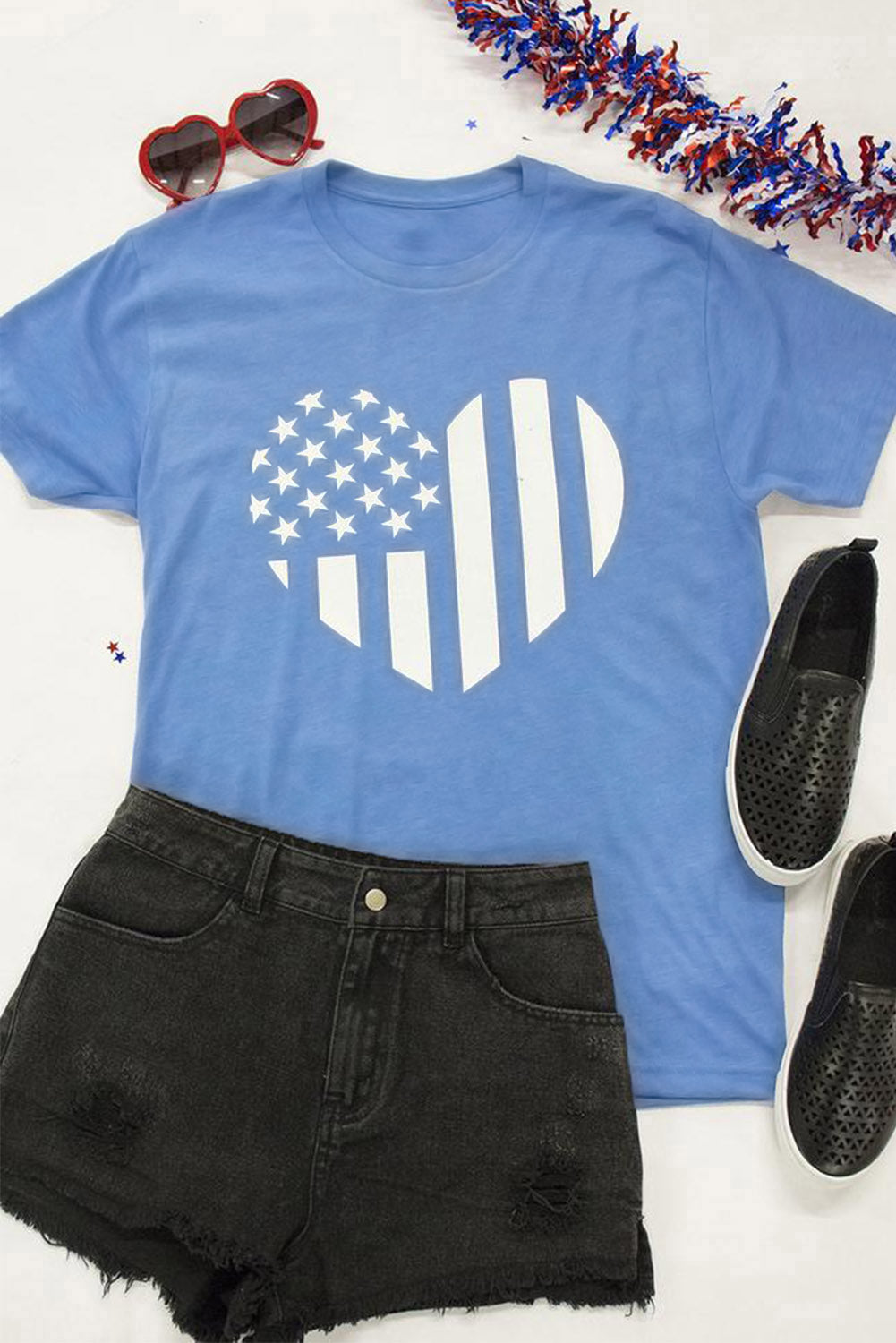 Sky Blue American Flag Heart Print Graphic Tee