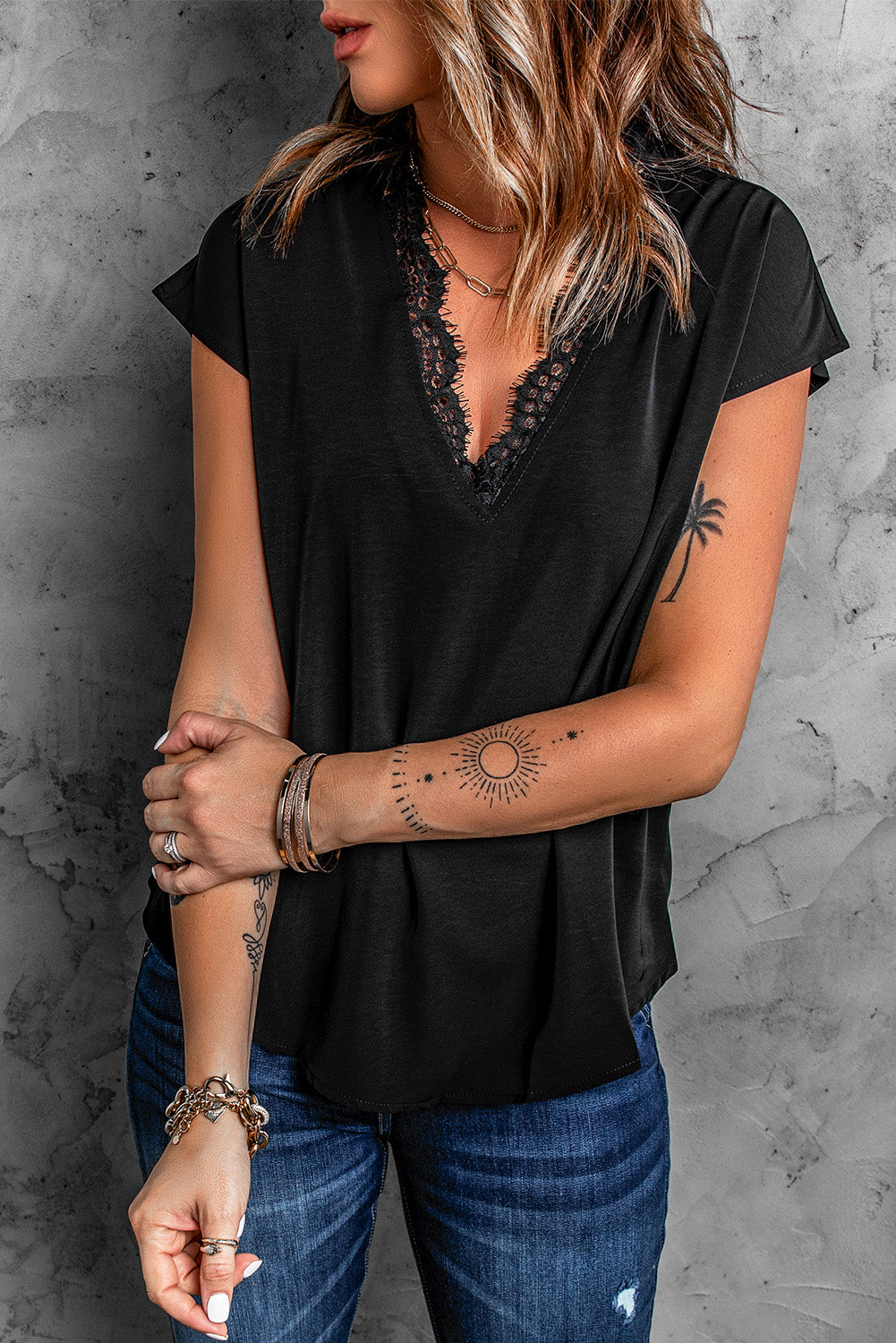 Black V Neck Lace Trim T-shirt