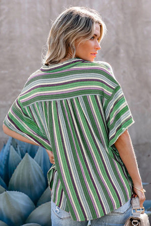 Green Multi-color Striped Short Sleeve Blouse