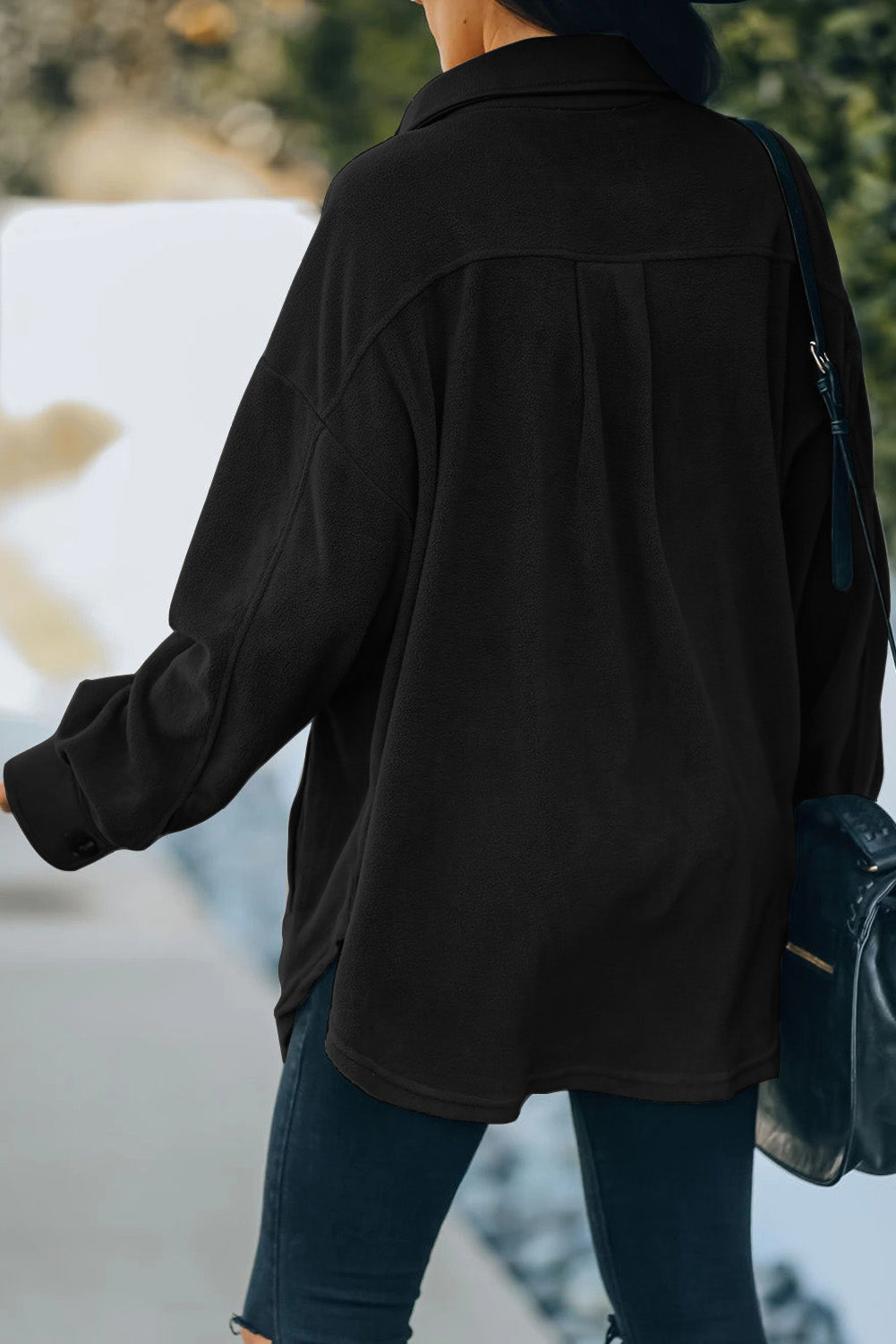 Black Turn Down Collar Buttoned Shirt Jacket