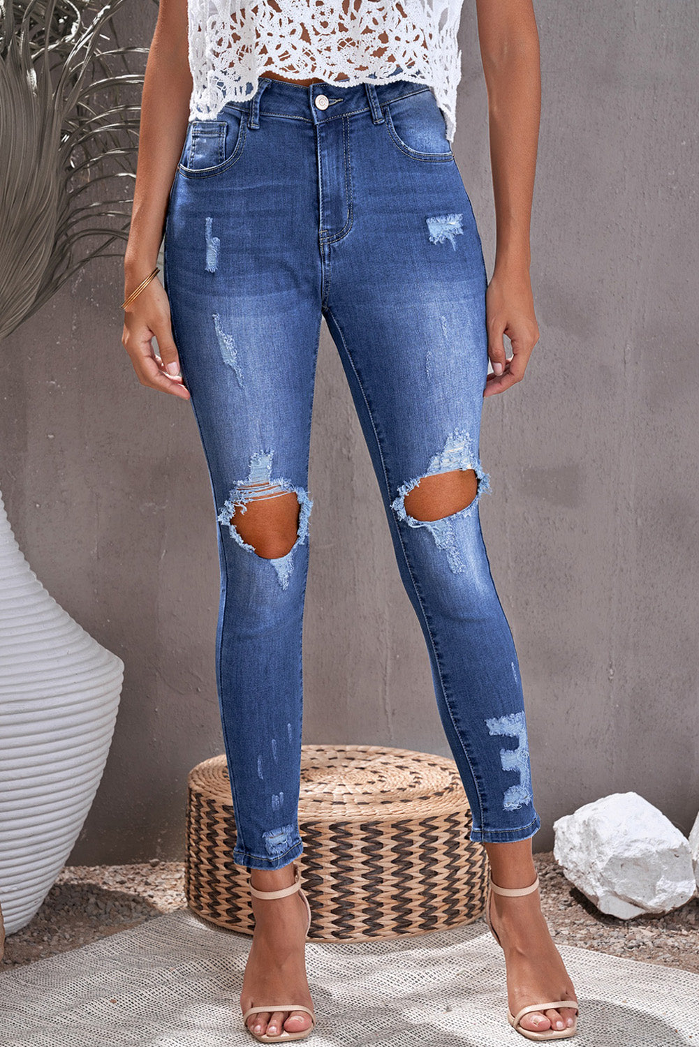 Blue Ripped Distressed High Waist Skinny Jeans