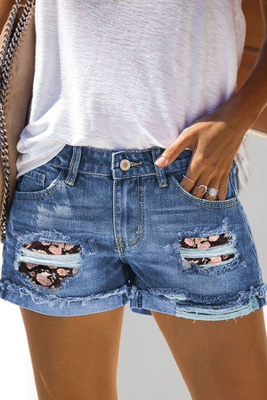 Black Floral Patchwork Rolled Hem Denim Shorts