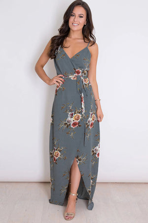 Gray Floral Wrap Maxi Dress With Slit