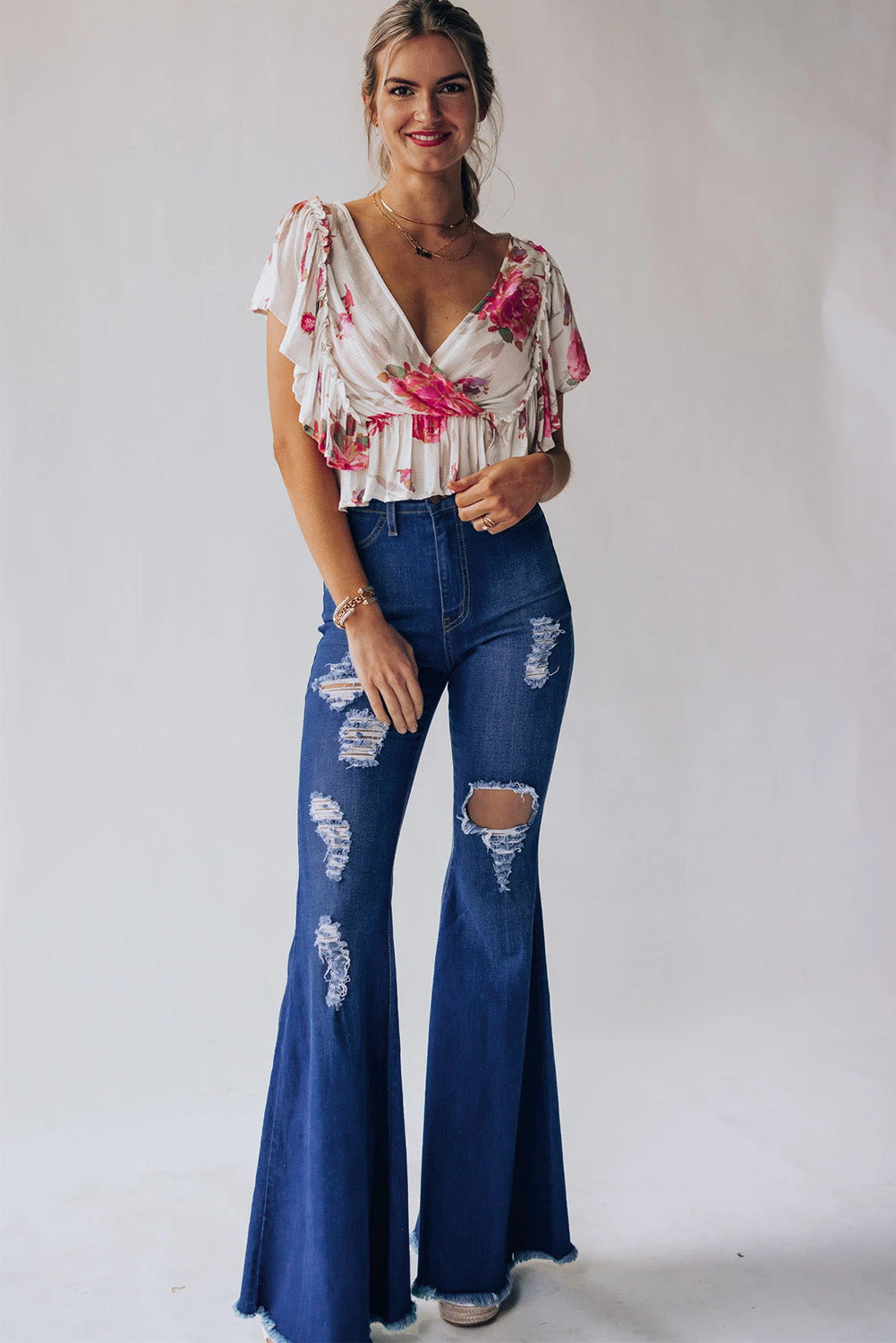 High Waist Hole Ripped Bell Jeans