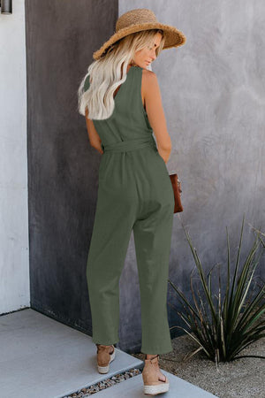 Green V Neck Button Belted Jumpsuit with Pockets