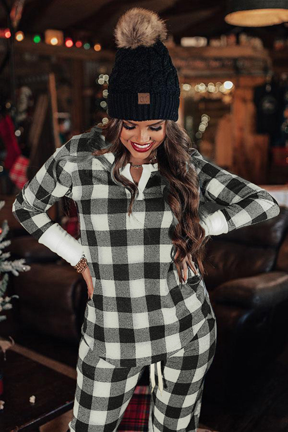 Black Christmas Plaid Print Long Sleeve Top and Pants Lounge Set