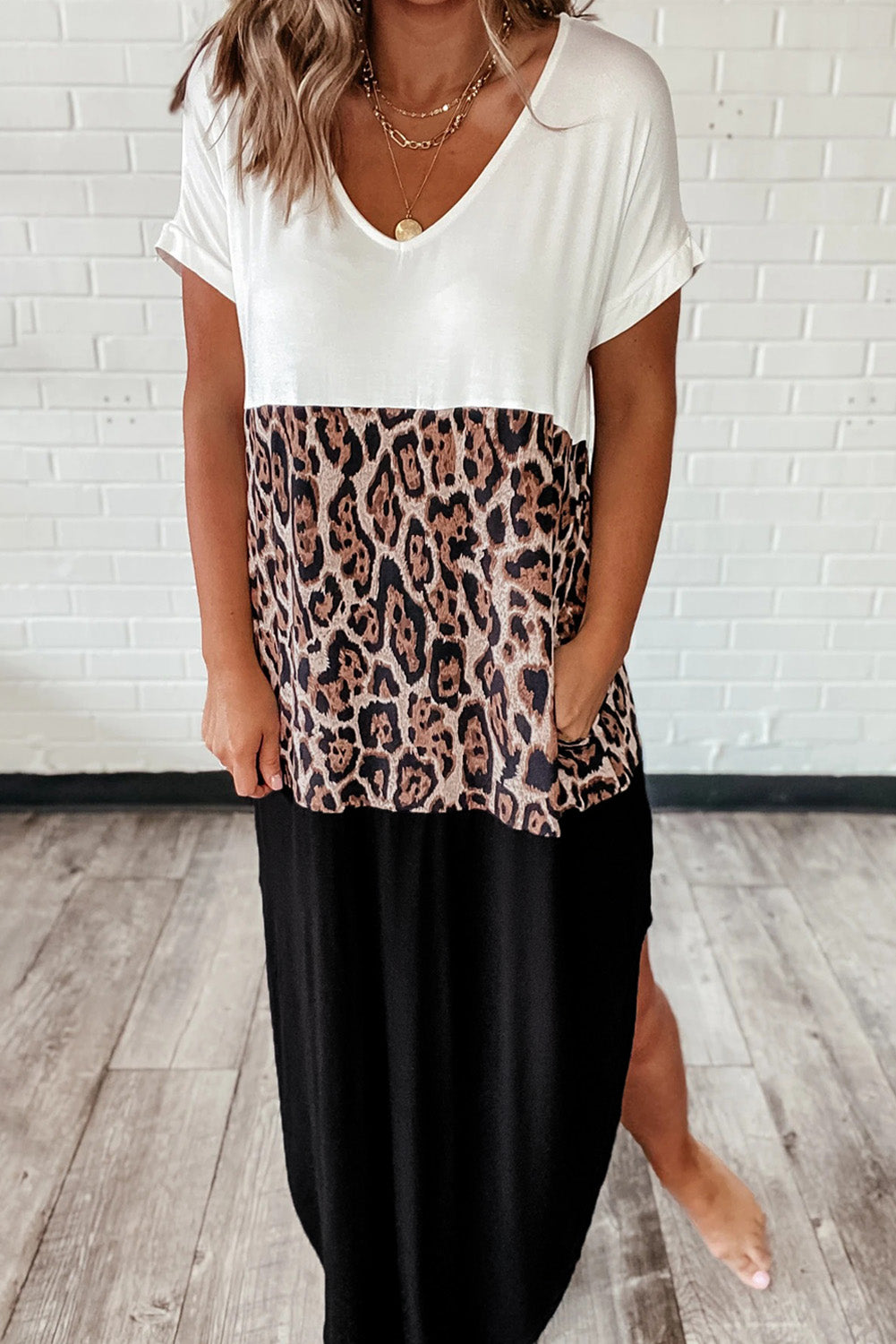 Colorblock Leopard Cotton Blend Casual Maxi T-shirt Dress