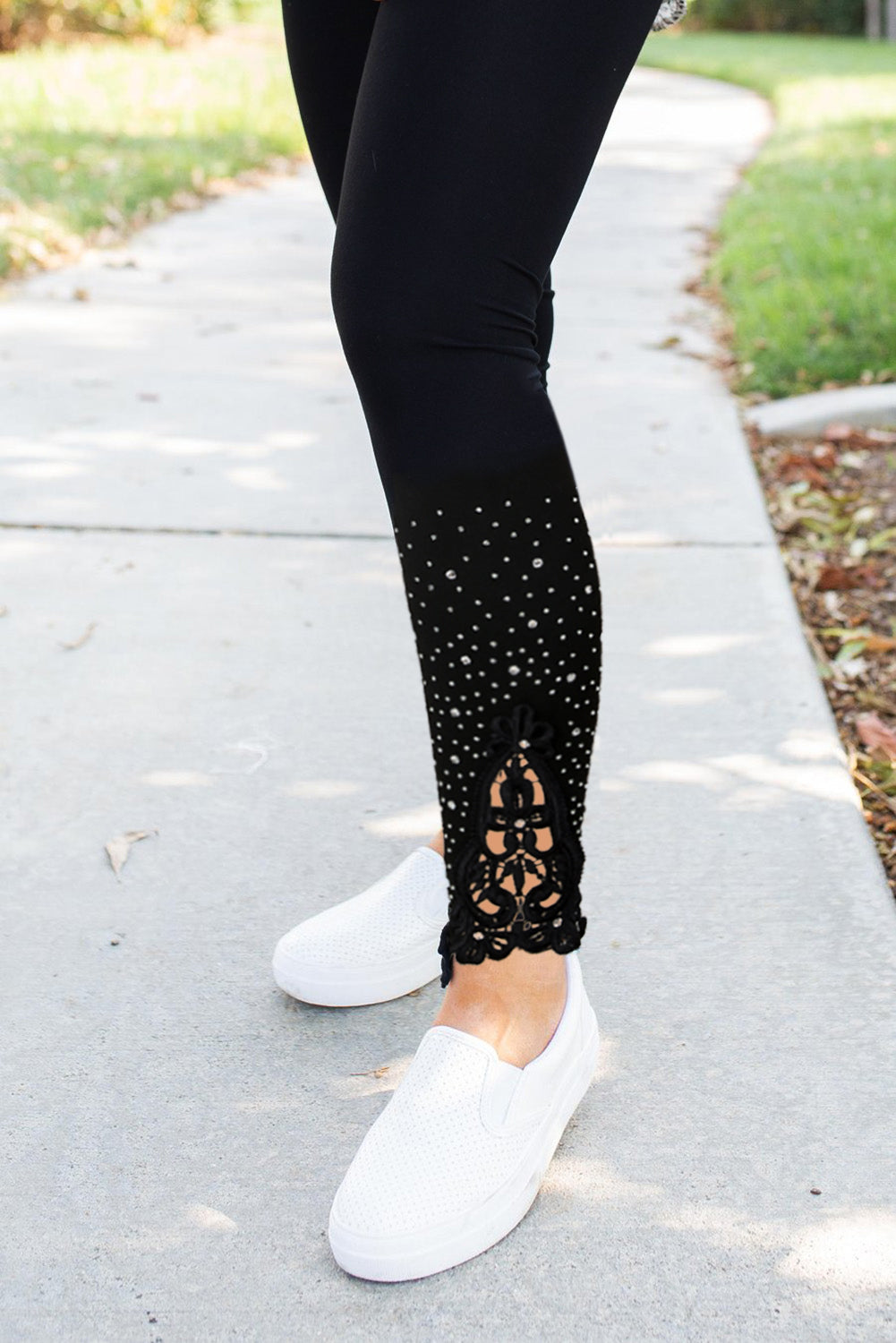 Rhinestones Lace Décor Black Leggings