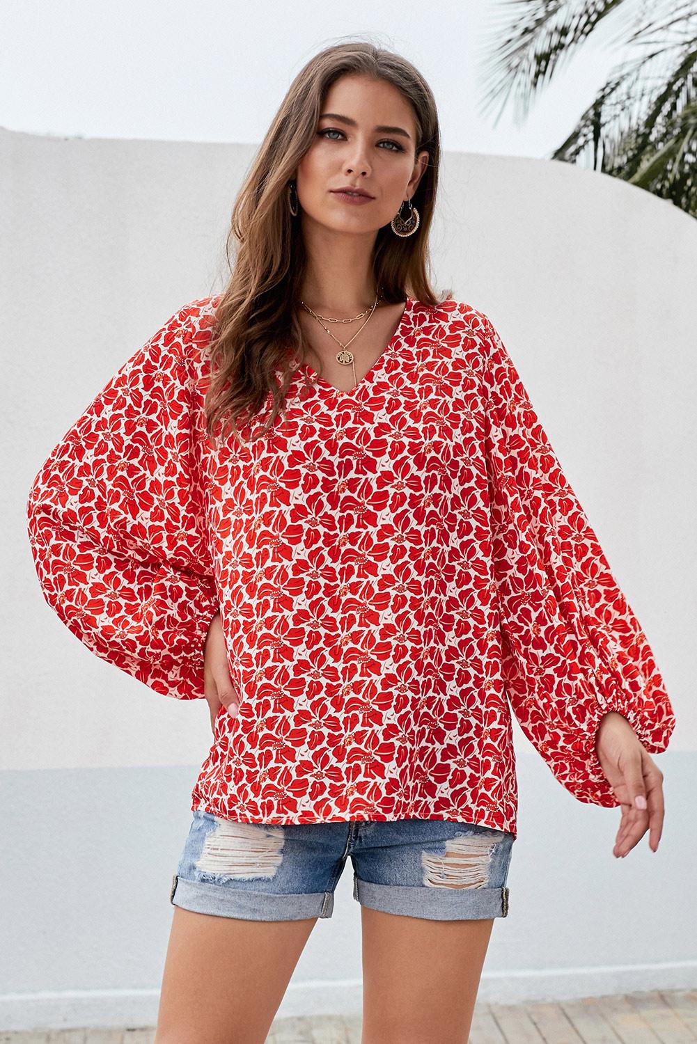 Red Boho Print Balloon Sleeve Blouse