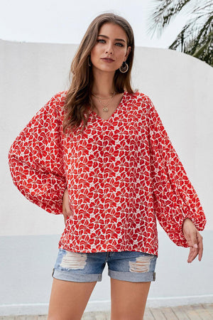 Red Boho Print Balloon Sleeve Blouse