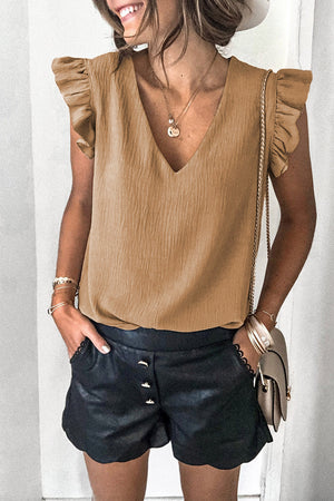 Khaki Ruffled Sleeve V Neck Top