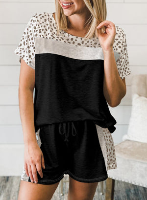 Black Dotted Print Colorblock Tee Shorts Loungewear