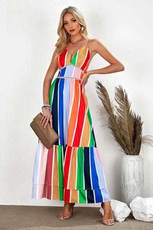 Crochet Insert Multicolor Striped Maxi Dress