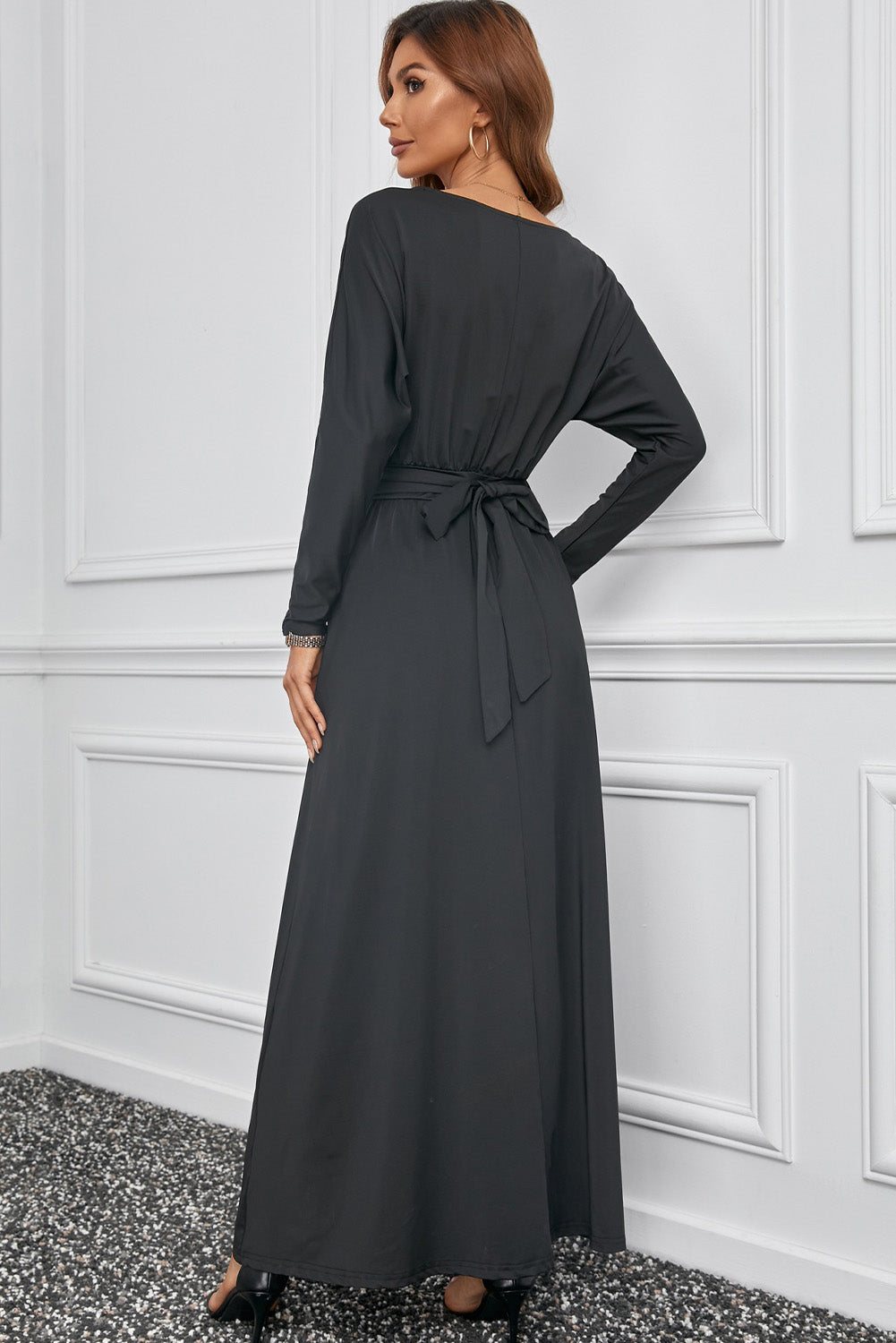 Black V Neck Batwing Sleeve Maxi Dress