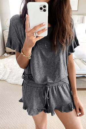 Dark Gray Short Sleeve Drawstring Ruffle Trim Lounge Set