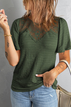 Green Crochet Splicing Flutter Sleeve Top