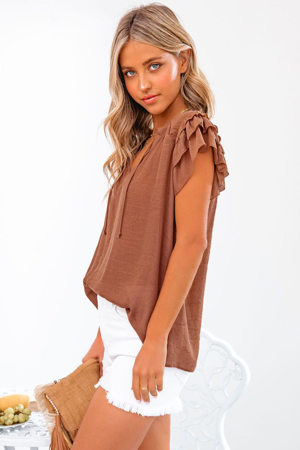 Brown Tiered Ruffled Drawstring V Neck Top