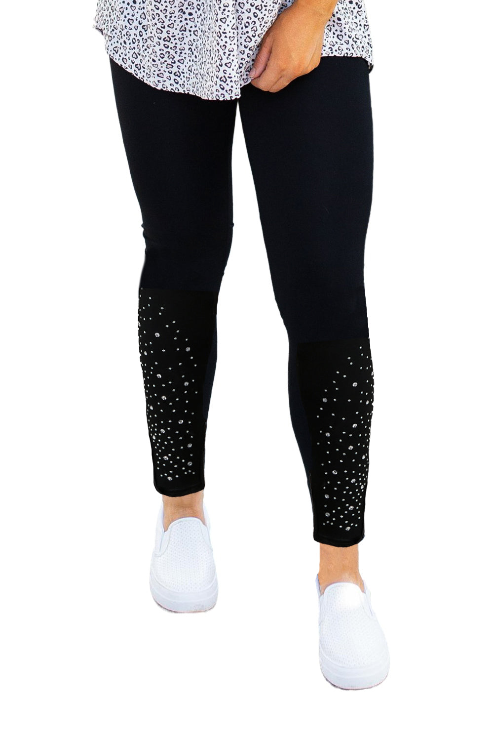 Rhinestones Lace Décor Black Leggings