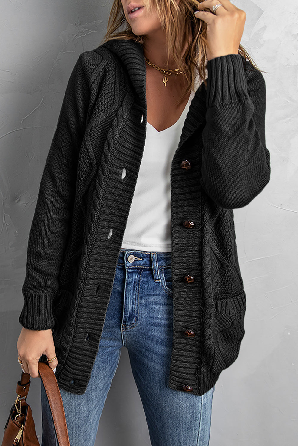 Black Buttoned Hooded Open Front Knitted Sweater