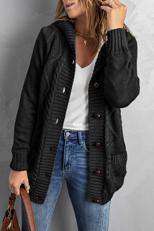 Black Buttoned Hooded Open Front Knitted Sweater
