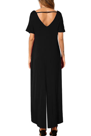 Black Solid Color Short Sleeve Wide Leg Jumpsuit with Pocket