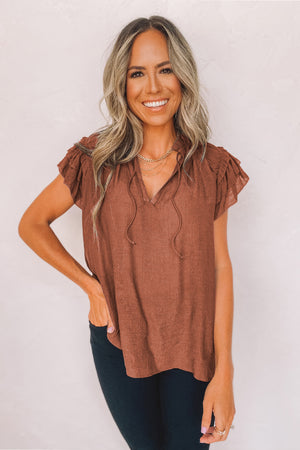 Brown Tiered Ruffled Drawstring V Neck Top