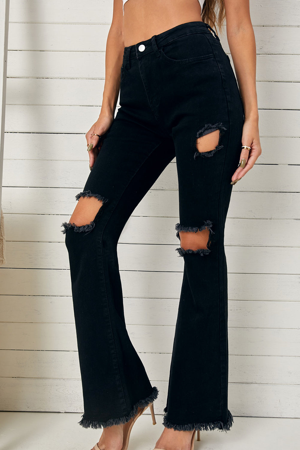 Black High Waist Ripped Bell Bottom Jeans
