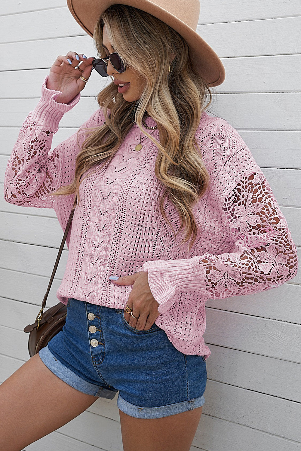 Pink Crochet Lace Pointelle Knit Sweater