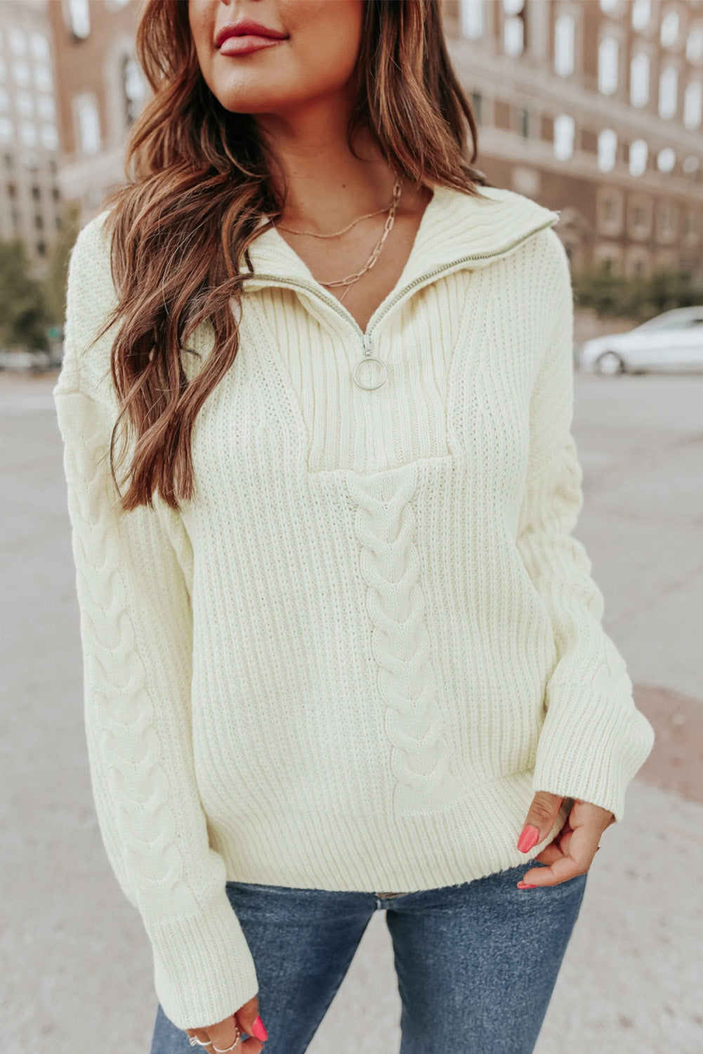 Apricot Zip Collar Drop Shoulder Knitted Sweater