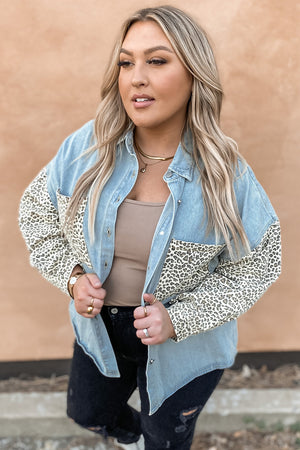 Sky Blue Plus Size Leopard Splicing Button Denim Jacket