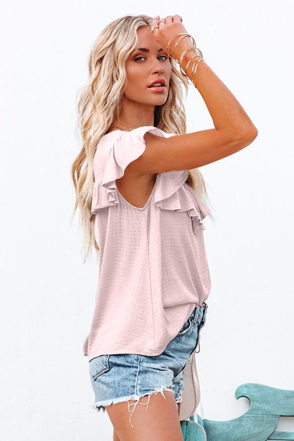 Pink Lace Splicing Ruffled Short Sleeve T-shirt