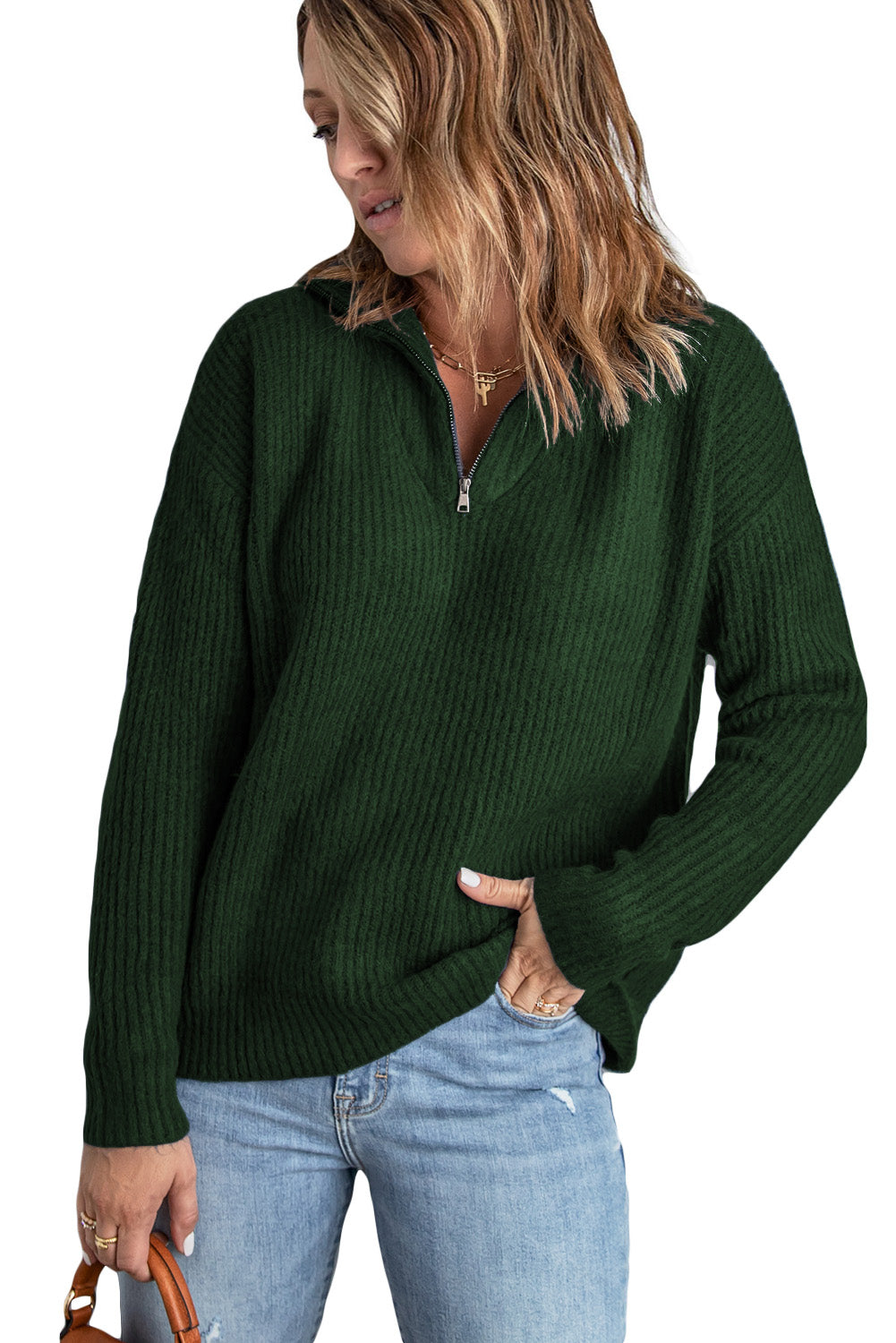 Green Zip Neck Knitted Sweater
