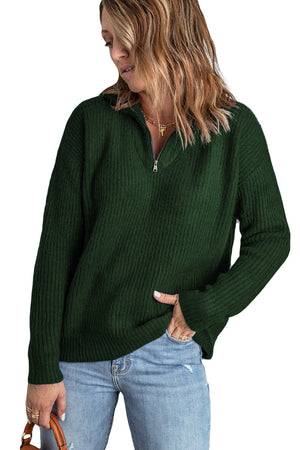 Green Zip Neck Knitted Sweater