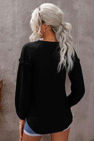 Black Casual Balloon Sleeve Crinkled Top